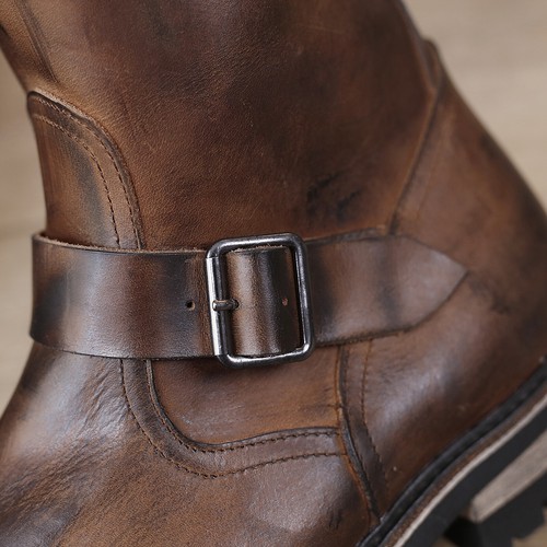Retro Herren Motorrad Halbhohe Stiefel Arbeitskleidung Reißverschluss Echtleder Hoch Stiefel - Bild 11 von 26