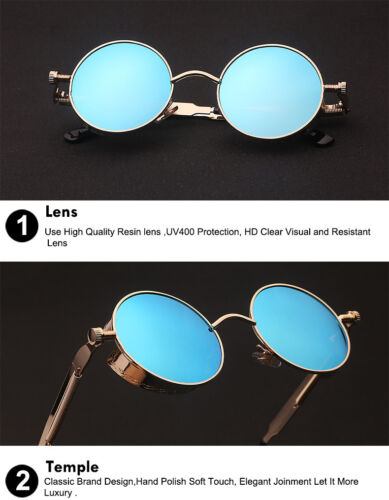 Steampunk Gothic Retro Round Circle Sunglasses Metal Gold Metal Black Lens C1 - Picture 3 of 7