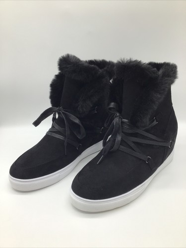 TINSTREE Women’s Black Suede Faux Fur Hidden Heel Ankle Snow Boots Sz. 11M NEW
