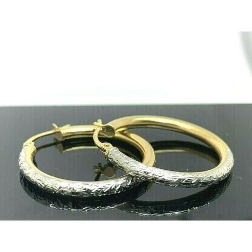 Hoops Earrings 10k Gold Two Tone 25mm Women's Dangle 2.5mm Wide Lightweight - Picture 7 of 12