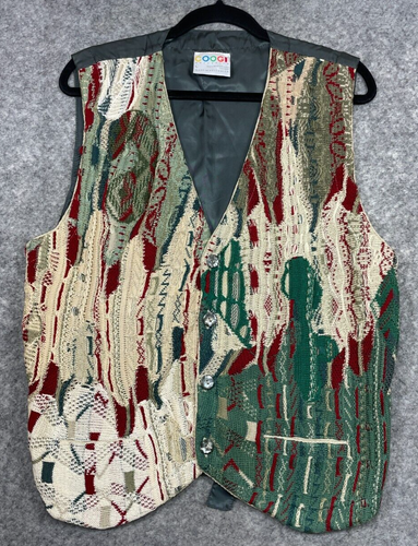 Vintage COOGI 3D Knit Sweater Vest Mens L Green Beige Red Waistcoat Cardigan