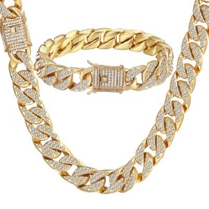 Mens-Curb-Cuban-Chain-Crystal-Necklace-Bracelet-Set-Y-Gold-Filled-Miami-Jewelry