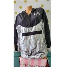 Victoria's Secret Pink Windbreaker Hoodie Half Zip Pullover Anorak Black/Silver