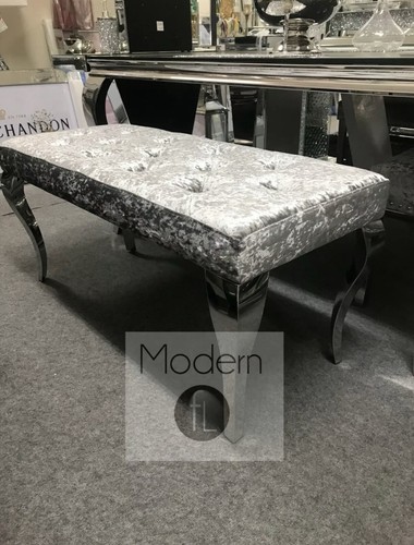 Silver Crushed Velvet Bed Stool Bench Button Dining Hallway Seat Chrome Leg L130 - Picture 2 of 14