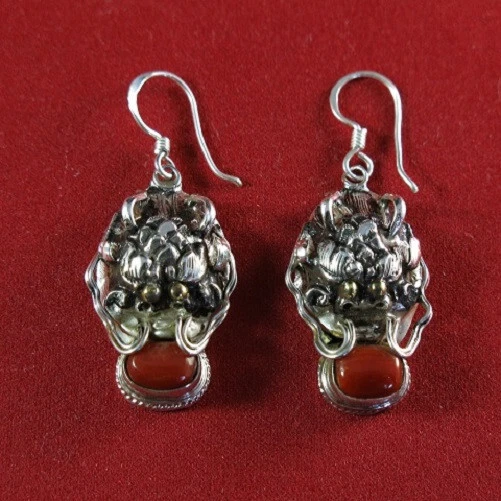 Boucles d'oreilles Argent 925°/oo"Tête de dragon" serties corail - Photo 1/1