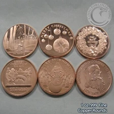"Christmas set of 6" Copper Rounds 1 oz .999 READ for designs Snowflake Backs
