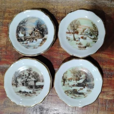 Vintage Currier & Ives "The Old Homestead in the Winter" 4 Mini Plates Magnets