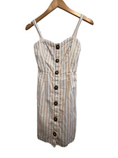 Abercrombie & Fitch Striped Mini Dress Button Detail Smocked Back Beige White XS
