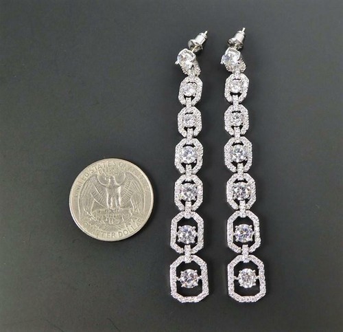 Pendientes Art Deco cuadrados lineales largos en cascada lineales largos en tono plateado brillante - Imagen 2 de 6