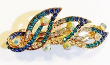 Leaf and Peacock Feather Design Hair Barrette crafted with Rhinestones