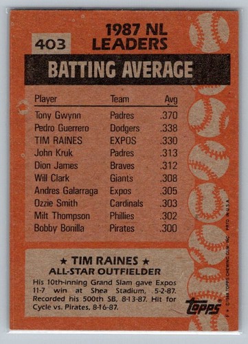 1988 Topps NL All Star Tim Raines #403 - Imagen 2 de 2