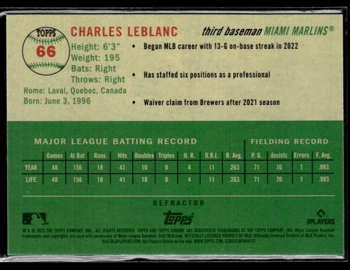 2023 Topps Chrome Platinum Anniversary #66 Charles Leblanc Refractor RC Marlins - Picture 2 of 2