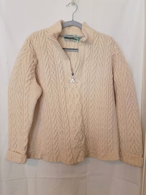 Aran Crafts Cable knit Half Zip Sweater Lg Cream Ivory 100% Merino Wool Ireland