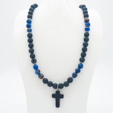 Men's Natural Lava Rock Gemstone 20" Necklace - Blue Lapis Cross