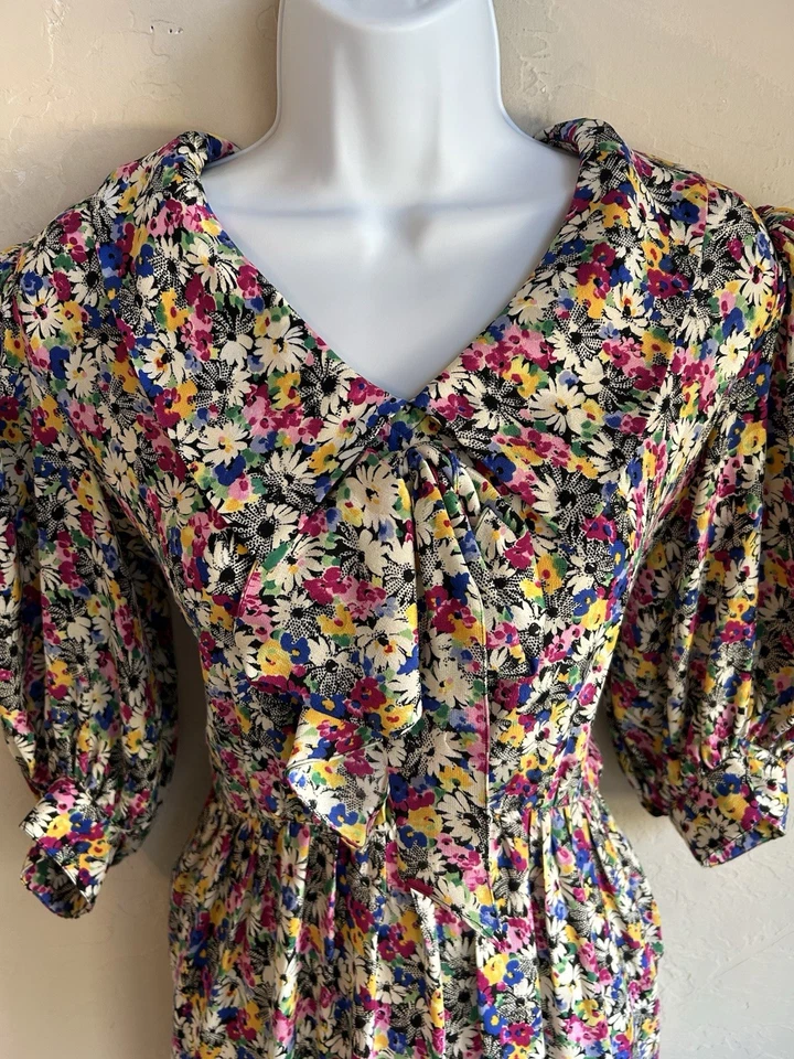 Vintage 80s Miss O By Oscar De La Renta Silk Floral Dress 4 Romantic Bow Collar  - Image 3 of 4