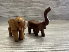 Zoo Line Wood Elephant Jointed Articulated Miniature And 1 Carved Elephant