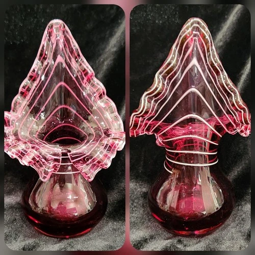 Antique FENTON Cranberry Jack in the Pulpit Ruffled White Ribbon Mini Vase 5.5in