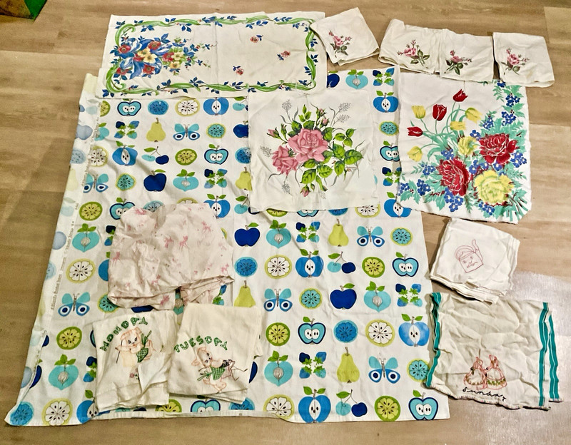 VINTAGE LARGE MIXED LINEN LOT ~ CUTTERS ~ USE OR SEW ~ EMBROIDERY ~ BAMBI 13 PCS