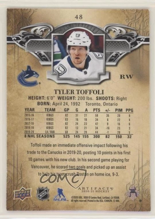2020-21 Upper Deck Artifacts Autumn /75 Tyler Toffoli #48 - Image 2 of 2