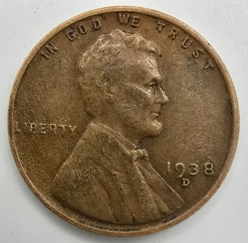 1938 D Lincoln Wheat Cent Woody XF/AU Wood Grain Penny Improper Alloy Mix Error