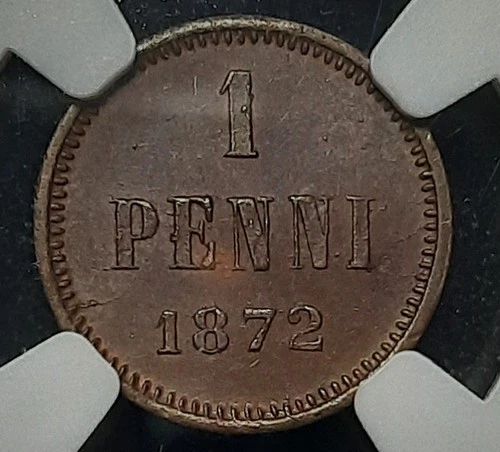 1872 Finland 1 Penni Copper Coin Alexander II NGC MS62 BN
