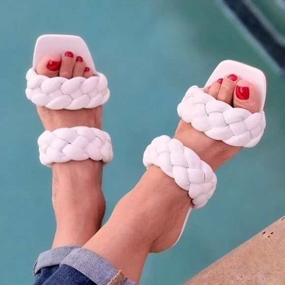 Sandália mula feminina branca trançada dupla biqueira quadrada - Imagem 4 de 4