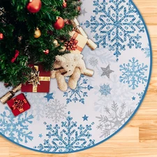 48 Snowflakes Christmas Tree Skirt Blue & White Winter Holiday Decor, Durable