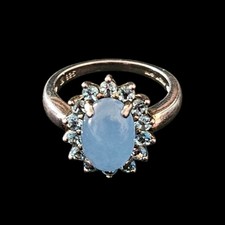 Vtg Natural Blue Chalcedony Stone Topaz Gem Halo 925 Sterling Silver Ring Sz 8.5