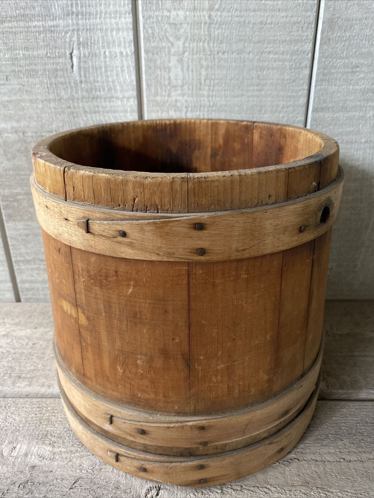 Antique Wood Sugar Bucket Firkin no Handle or Lid 9.5” X 9”