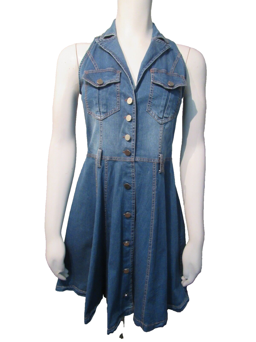 super cute Lady Ribbon sleeveless stretch denim button-up dress size S super cute Lady Ribbon sleeveless stretch denim button-up dress size S