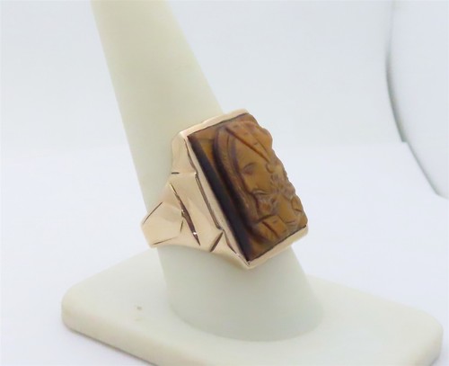 Mens Antique Rings Cameo Jewelry Gold Large Tiger Eye Three Faced 10K US 10 R431 - Picture 8 of 8