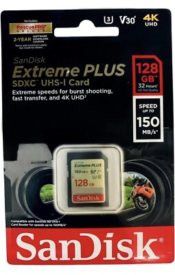 SanDisk Extreme PLUS 128GB SD Memory Card Speed Up To 190MB