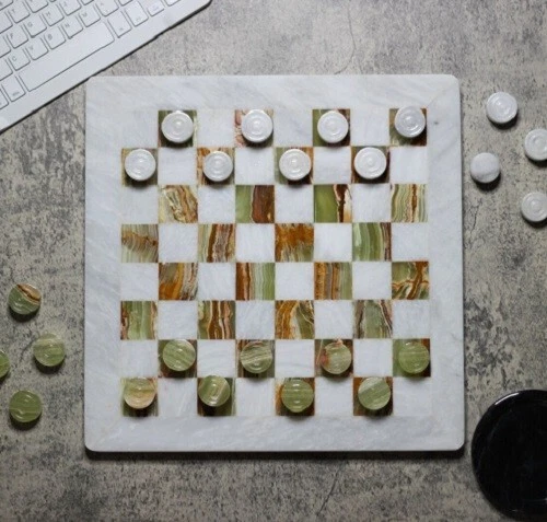 Vintage Marble Checkers Set Black and White 12 inch Handmade