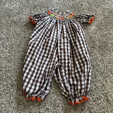 Delaney Brown Gingham Check Fall Leaves Smocked Romper Outfit Sz 24 months