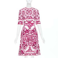 DOLCE GABBANA Happy Garden pink cream Majolica silk midi dress IT38 XS