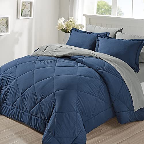 Bettdecken-Set 7-teilig Bett in einer Tasche, Voll-/Wendebett Queen dunkelblau&grau - Bild 7 von 7