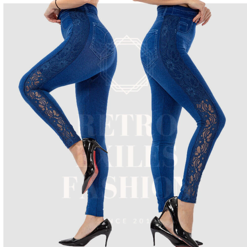 XS-3XL Lace Side High Waist Imitation Blue Jeans Leggings Women's