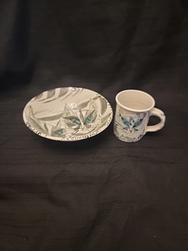 Cat  Pottery Art Kittens 6"  Bowl & Coffee Mug Cup Lot set of 2 Handpainted