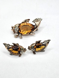 Authentic ANTIQUE FISH Jelly Belly BROOCH PIN & EARRING SET GOLD PLATED STERLING TOPAZ