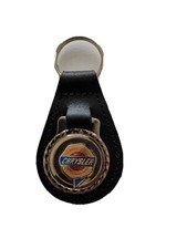 BLACK  LEATHER KEYRING/ FOB DEPICTING CHRYSLER VINTAGE /WORN  CAR  LOGO IMAGE