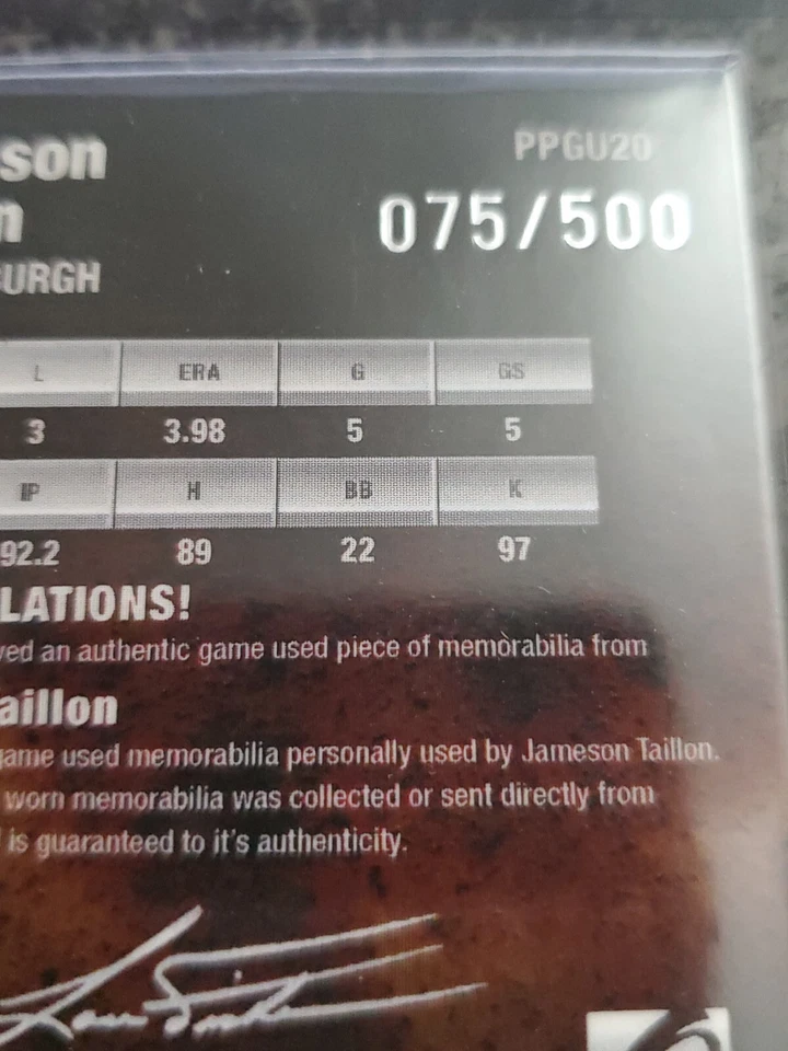 Onyx Platinum Prospects 2012 materiales usados en juegos tinta plateada Jameson Taillon automático Foto 4 de 4