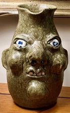 Rare Grace Nell Hewell 9 in. Face Pitcher Olive Green Ash Glaze Signed 4-12-2001