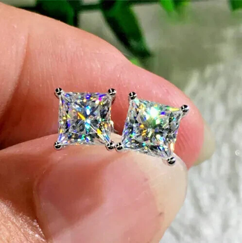 2Ct Princess Lab Created Diamond Solitaire Stud Earring 14K White Gold Finish - Picture 1 of 5