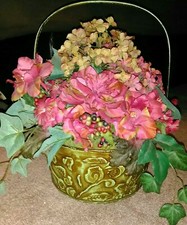 Artificial Faux Flowers Arranged In Tin Metal Basket w/ Handle * Brand New!