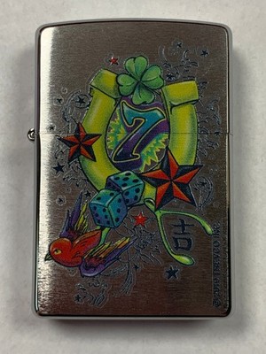 Zippo Windproof Lighter Lucky Seven Horseshoe & Dice Brush Chrome NIB