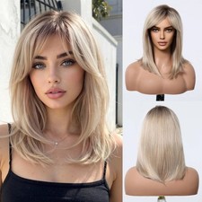 Blonde Mixed Platinum Straight Wigs Medium Length Dark Root Wig With Bangs Women