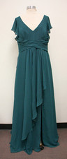 Azazie Omari A-Line Chiffon Dress V-Neck Short Sleeve Leg Slit Pine [SIZE A14]
