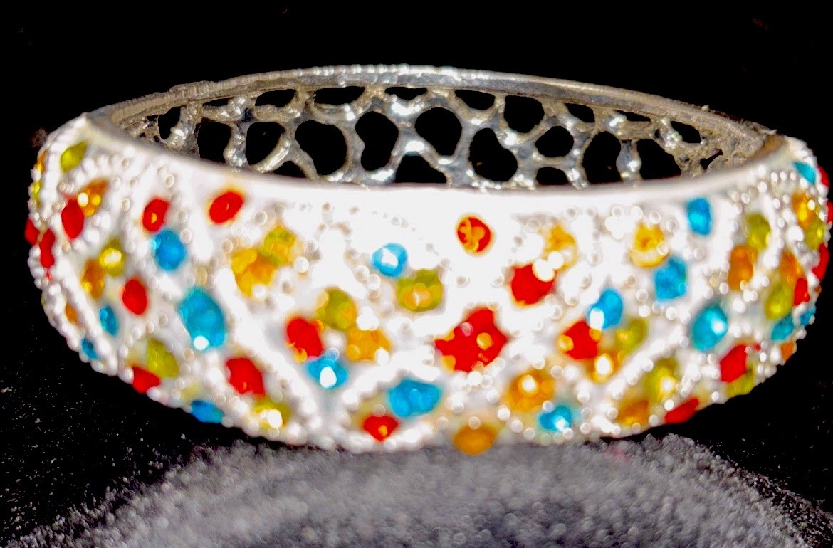 Vintage Bracelet silver-toned hinged bangle Rhinestones Multicolored Wide