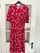 H&M Womens Size 14 Regular Pink White Floral Fit & Flare Midi Dress 3/4 Sleeve