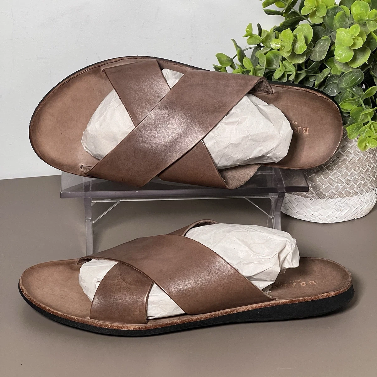 Brador Light Brown Leather Cross Slide Sandals Men display picture 3